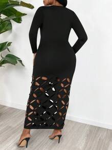 Maweii Vestido largo de manga larga elegante con escote cuadrado y calado, en talla grande y color único