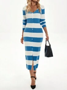 Calvaya Vestido elegante de manga larga con cuello en U y diseño oversize, unicolor, para otoño
