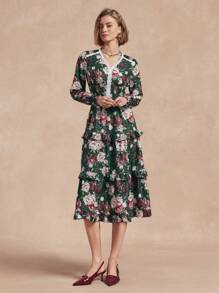 Chiquease 女士花卉印花撞色蕾丝 V 领连衣裙，秋季优雅风格