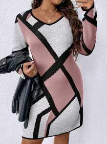 SHEIN LUNE Plus Size V-Neck Allover Print Color Block Trim Long Sleeve Sweater Dress - Dusty Pink - View 1