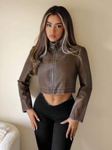 SHEIN ICON Áo khoác lửng thắt lưng Wash trang trí vừa vặn - màu nâu - Xem 2