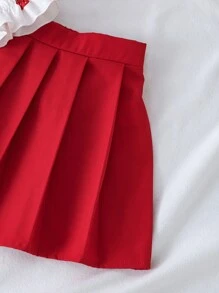 SHEIN 2pcs/Set Little Girls Collared Ruffle Trim Strawberry Print Shirt And Red Pleated Skirt Set, Casual & Fashionable For Holidays, Spring, Autumn, Winter - Multicolor - View 7