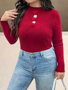 SHEIN Clasi Große Größen Rundhals Langarm Lässig Pullover Sweater mit 3D Blumen Dekor Strickpullover für Herbst und Winter - Rot - Übersicht 4