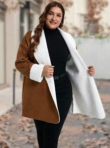 SHEIN LUNE Plus Size Faux Shearling Button Up Jacket, Contrasting Colors, Suitable For Winter