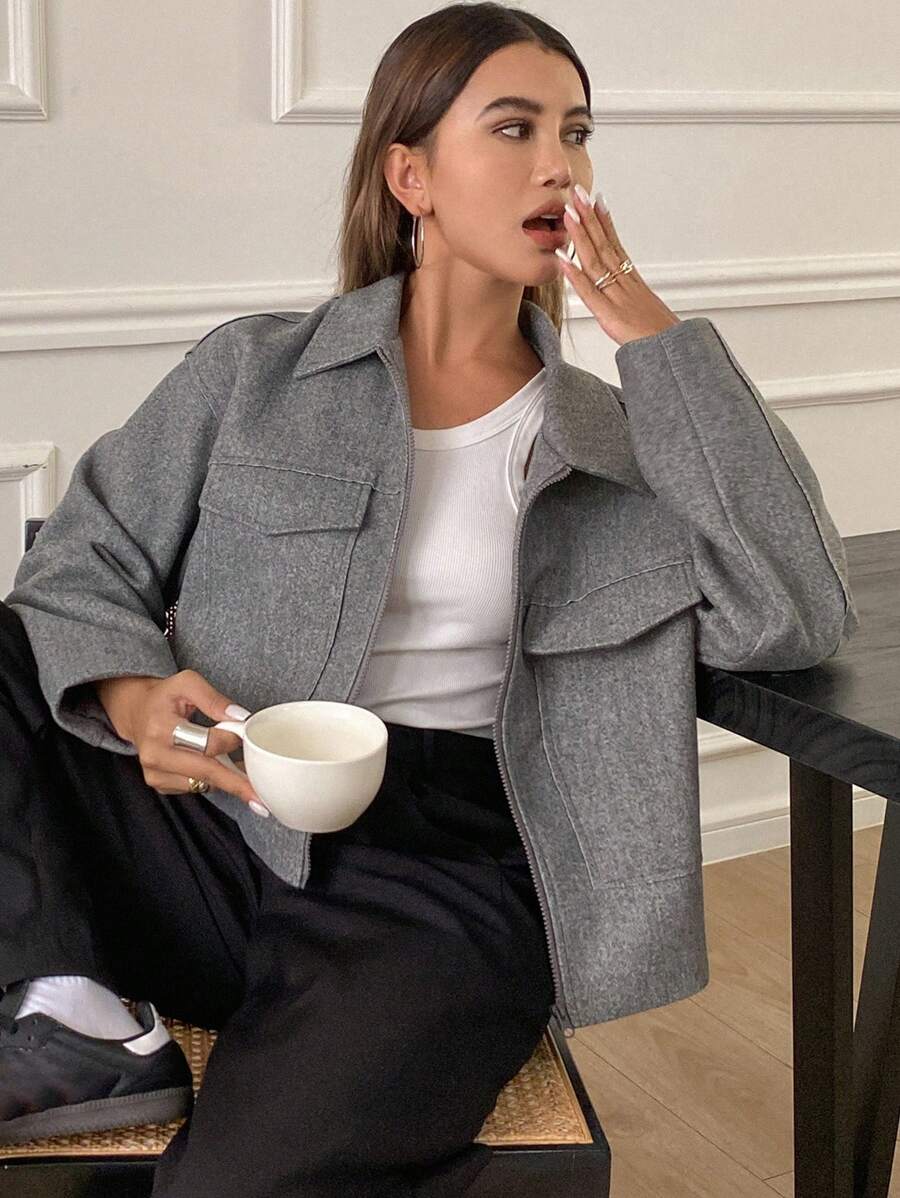 DAZY 1pc Women's Solid Color Loose Long Sleeve Zipper Collar Jacket,Fall Women Clothes Women Coats - Grey - View 1