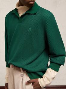 AKNOTIC Business Casual Áo thun polo dệt kim dáng rộng, vai trễ, thêu chữ dành cho nam, dáng thường ngày cho mùa thu, dịp Giáng sinh - Màu xanh lá cây đậm - Xem 8