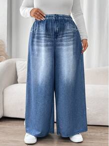 SHEIN CURVE+ Plus Size Denim Effect Wide Leg Pants With Side Bow - Blue - View 4