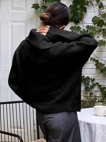 DAZY 秋季新款宽松休闲纯色女式毛衣、七分袖上衣 - 黑色 - 查看 3