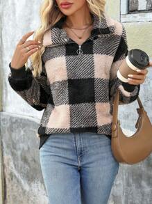 SHEIN LUNE 女士前拉链长袖格子休闲套头卫衣，秋季款 - 杏色 - 查看 6