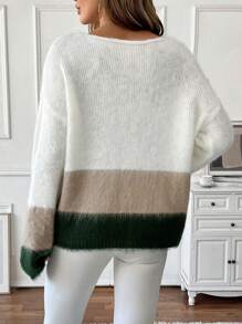 SHEIN LUNE 1pc Soft & Relaxed Chunky Contrast Color Loose Knit Sweater, Autumn/Winter Knit Pullover Fall - Multicolor - View 2