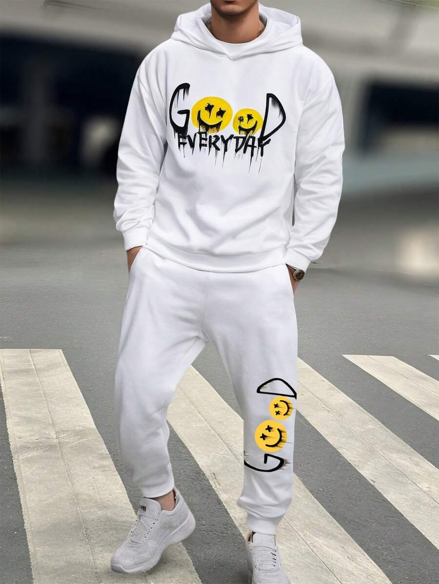 SHEIN TeenBoys 2 bộ quần áo thể thao thường ngày đường phố thoải mái đa năng ấm áp siêu tiết kiệm chi phí in chữ graffiti có mũ trùm đầu dệt kim quần nỉ bộ quần áo trở lại trường; trang phục mùa thu; quần áo bé trai tuổi teen; áo khoác mùa thu; trang phục mùa thu thu/đông - trắng - Xem 1