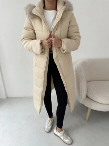 Aloruh Áo khoác lông dài rộng rãi có mũ trùm đầu chắp vá có đệm lưng cho nữ, ấm áp cho mùa thu/đông - Màu be - Xem 4