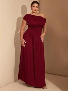 SHEIN BAE 大码女式优雅超级百搭弹力面料日常穿着、派对、不对称领口、女式 A 级连衣裙、女式生日连衣裙 - 酒紅色 - 查看 7