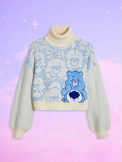 ROMWE X Care Bears Suéter de cuello alto suelto con hombros caídos, decorado con bordado de oso de dibujos animados, de estilo casual de invierno para mujer