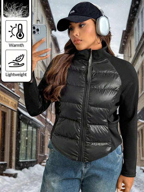 SHEIN EZwear Jacke mit Daunenfüllung in Große Größen mit Taillenband, warm und figurbetont für den täglichen Gebrauch im Winter