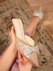 CUCCOO TILAWA Women's Square Toe Thin Heel Glitter Butterfly Decor Slip-On Sandals, Comfortable & Versatile Design For Daily, Party Or Festival Wear Fall - Rose Gold - View 10