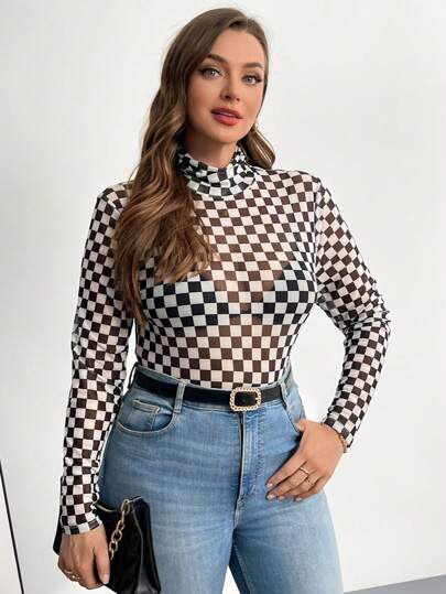 SHEIN Essnce Plus Size Women's Autumn Fall Women Outfits New Style Fashionable And Elegant Commuting Office Wear Workplace Work Clothes Black And White Pattern Long-Sleeved Design High Collar See-Through Mesh Bodysuits