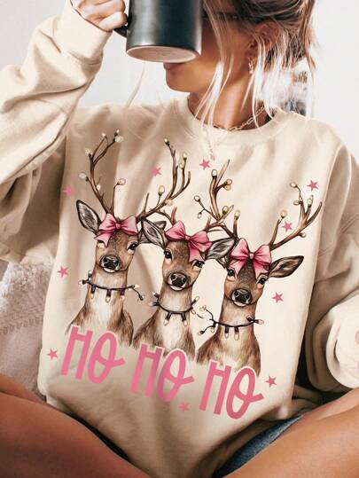 INAWLY Women Plus Size Minimalist Christmas Reindeer Print Round Neck Long Sleeve Casual Sweatshirt, For Daily Wear Pullover Fall