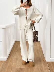 RueChic 2pcs Set Elegant Knitwear With Drawstring, Includes Long Sleeve Cardigan And Pants - Beige - View 2