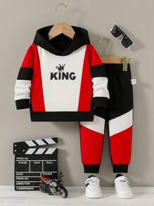 2pcs/Set Baby Boys Fashion KING Letter Print Hoodie Sweatshirt And Sweatpants Set,Black And White,Autumn,Casual,Beach Color Block Kids Sporty Outfit - Multicolor - View 1