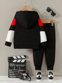 2pcs/Set Baby Boys Fashion KING Letter Print Hoodie Sweatshirt And Sweatpants Set,Black And White,Autumn,Casual,Beach Color Block Kids Sporty Outfit - Multicolor - View 2