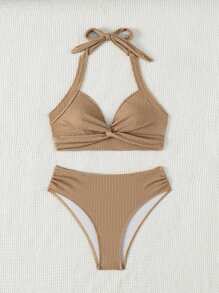 SHEIN Swim Textured Fabric V-Neck Twist Front Top And Regular Shorts 2PCS Women Bikini Set, Vacation Style Summer