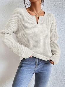 SHEIN Frenchy Notched Neck Drop Shoulder Collar Detail Sweater - White - View 3