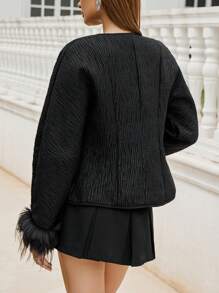 Aveloria Rosie Chaqueta corta acolchada ligera con puño de peluche, estilo patchwork y nudo delantero para mujer, estilo joven y casual, para otoño/invierno