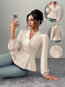 Chiquease 优雅交叉领荷叶边下摆长袖编织衬衫，腰部收紧设计，米色，适合日常穿着，秋冬季 - 杏色 - 查看 1