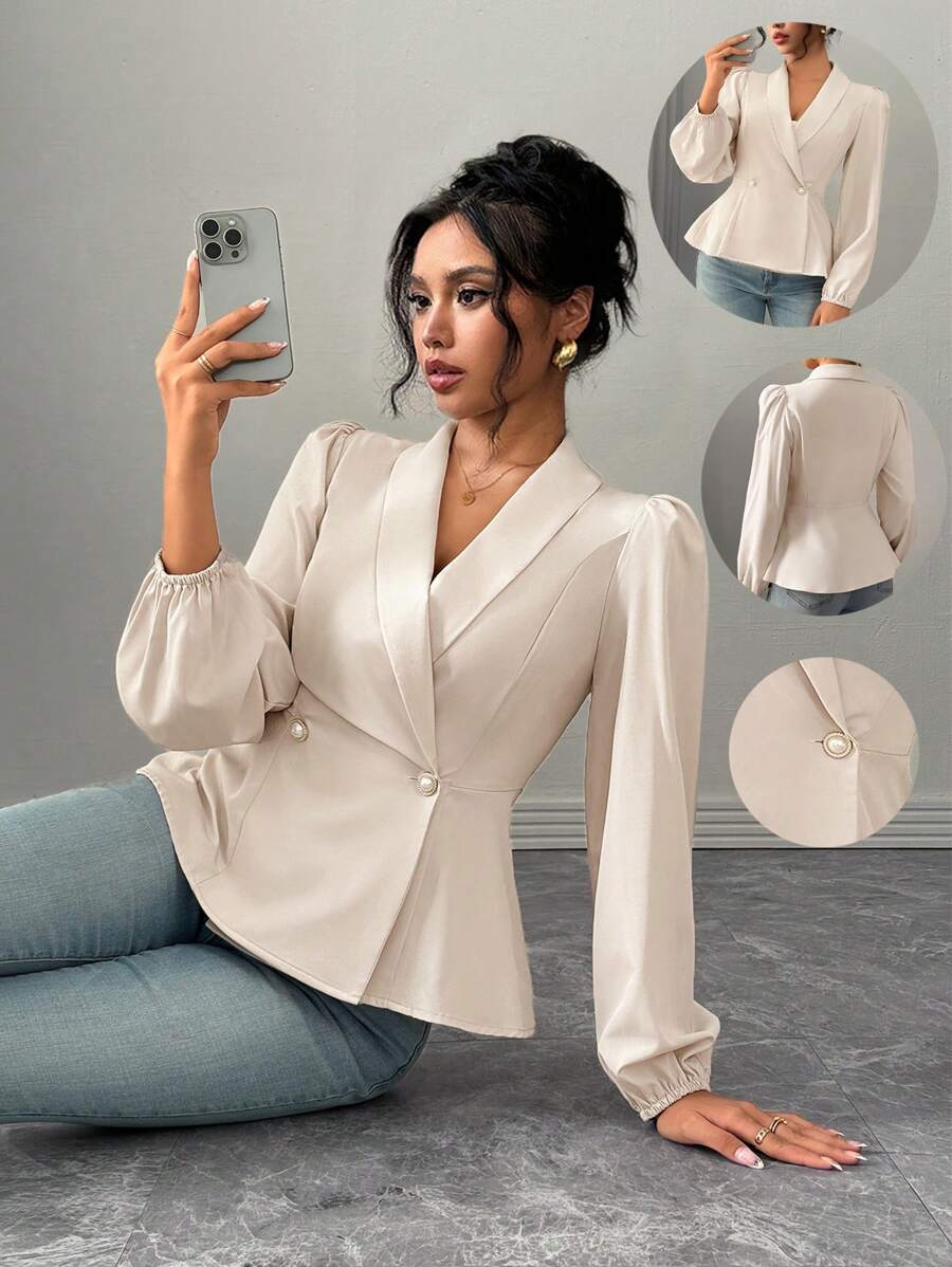 Chiquease 优雅交叉领荷叶边下摆长袖编织衬衫，腰部收紧设计，米色，适合日常穿着，秋冬季 - 杏色 - 查看 1