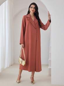 Modelyn 2 件套女士优雅长款开衫外套，配有前扣和翻领和时尚裙子 2 件套 - 珊瑚橙 - 查看 8