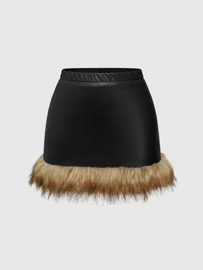 Hippie Jupe évasée à taille élastique avec ourlet en fourrure à la mode pour femme en automne