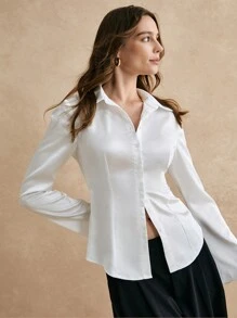 Poéselle 白色缎面长袖衬衫，优雅工作衬衫，女士纽扣衬衫