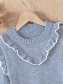 Herfst/Winter Franse Stijl Contrasterende Kleur Ruffle Zoom Schattige Ronde Hals Trui Pullover Lange Mouw Meisjes Jonge Meisjes Gebreide Trui, Geschikt Voor Buitensporten En Casual Thuiskleding