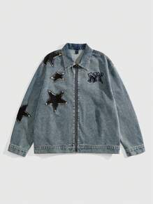 ROMWE MEN Street Life Men's Autumn Letter & Pentagram Pattern Long Sleeve Zip Up Casual Denim Jacket - Black - View 1