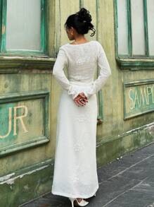 Chiquease 3D刺绣透视不对称领口长袖T恤连裙子两件套 - 杏色 - 查看 6