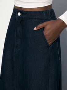 Maija 休闲复古百搭 A 字蓝色牛仔女式中长裙 - 藍色 - 查看 4