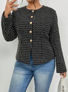 SHEIN Frenchy 大码女式格子印花长袖单排扣优雅粗花呢夹克，秋冬季