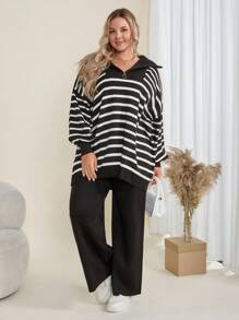 EURMUSE 大码女式千鸟格落肩纽扣开衫毛衣和裤子 3 件套，适合冬季