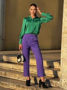 BizChic Grüne Satin Langarm Bluse, festliche Party Büro Damen für Frühling & Sommer - Grün - Übersicht 6