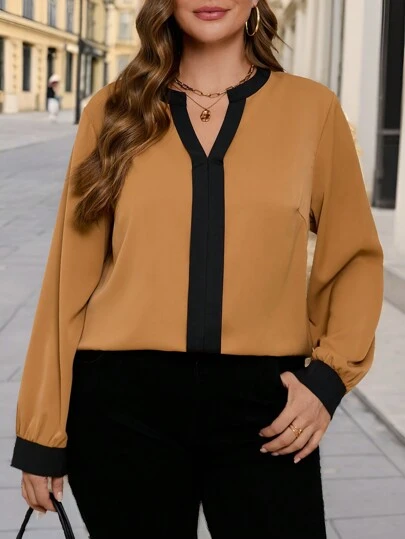 EMERY ROSE Plus Size Christmas Clothes Women V-Neck Color Block Trim Elegant Long Sleeve Autumn&Winter Women Shirt