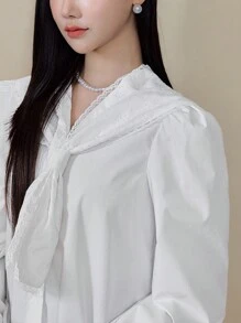 EastFlair Women's French Lace Trim Naval Collar Blouse