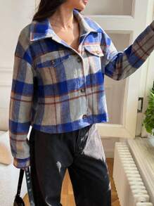 SHEIN EZwear Chaqueta corta informal de color block a cuadros para otoño