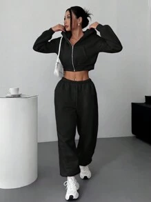 SHEIN EZwear 黑色针织女式休闲运动服 - 黑色 - 查看 4