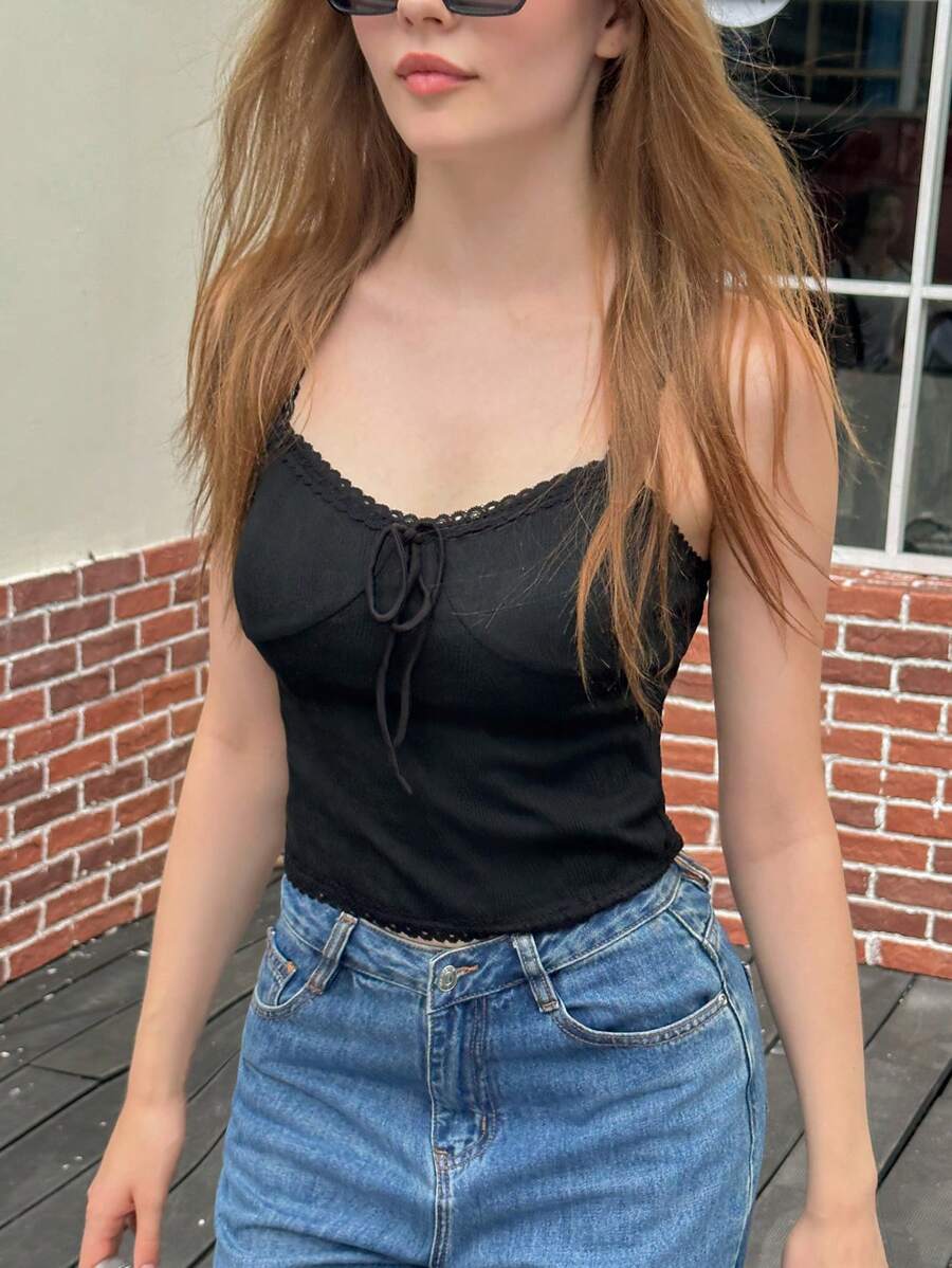 Jouncy Áo ba lỗ buộc dây phía trước màu trơn dành cho nữ, thường ngày có gân - màu đen - Xem 1