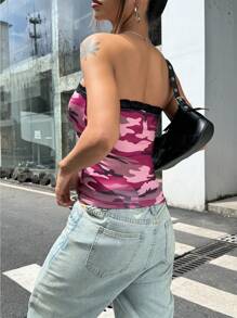 INAWLY Damski swobodny top bandeau z koronkową lamówką i nadrukiem w kamuflażu