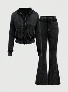 ROMWE Grunge Punk Zestaw 2 szt. Seksowny retro vintage millenium punk zamek błyskawiczny z przodu zniszczony ubiór casualowy dla kobiet