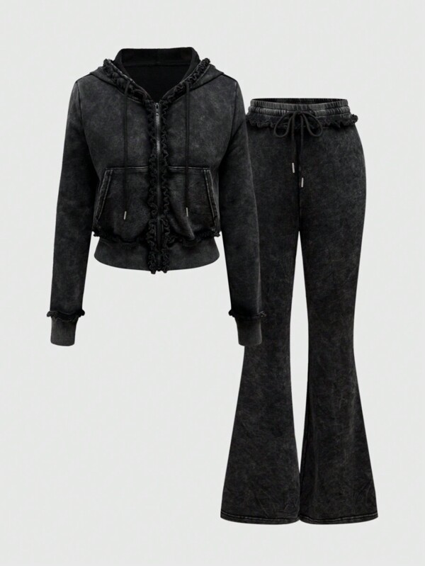 ROMWE Grunge Punk 2pcs Set Sexy Retro Vintage Millennium Punk Zipper Front Distressed Wash Casual Outfit For Women