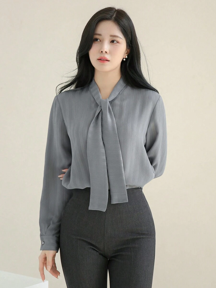 DAZY Casual Business Solid Color Tie Collar Women Blouse,Long Sleeve Tops - Blue - View 1