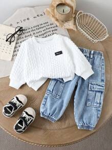 SHEIN 2 pièces Ensemble décontracté pour bébé garçon : sweatshirt à manches longues col rond avec imprimé lettres et pantalon cargo, automne